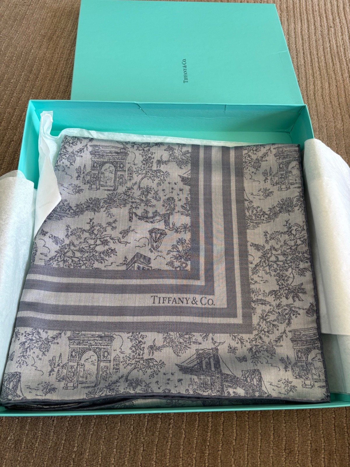 TIFFANY & CO BLUE TOLIE LANDMARK SCARF 55 INCH SQUARE SILK + WOOL
