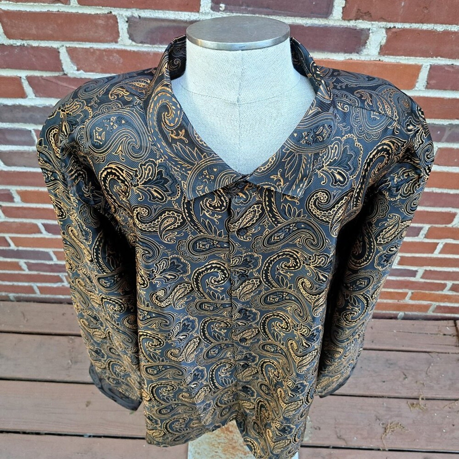 rry Wang Men Metallic Gold Paisley Long Sleeve Shirt Size 4XL NWT