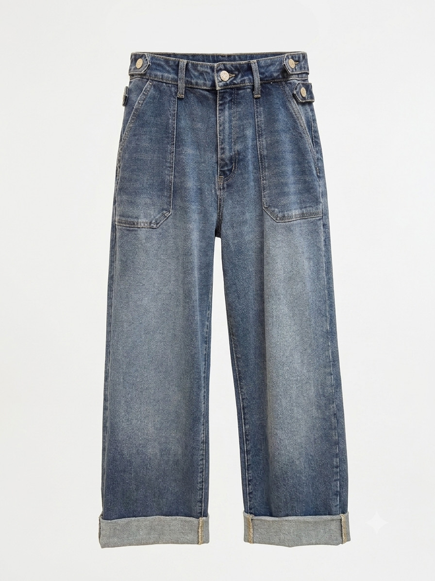 Kancan High Rise Wide Leg Jeans Medium Wash Utility Patch Pocket Size 09/28