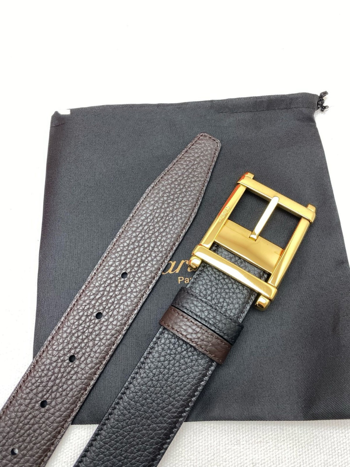 Cartier Black and brown double-sided cowhide men’s Gold buckle belt