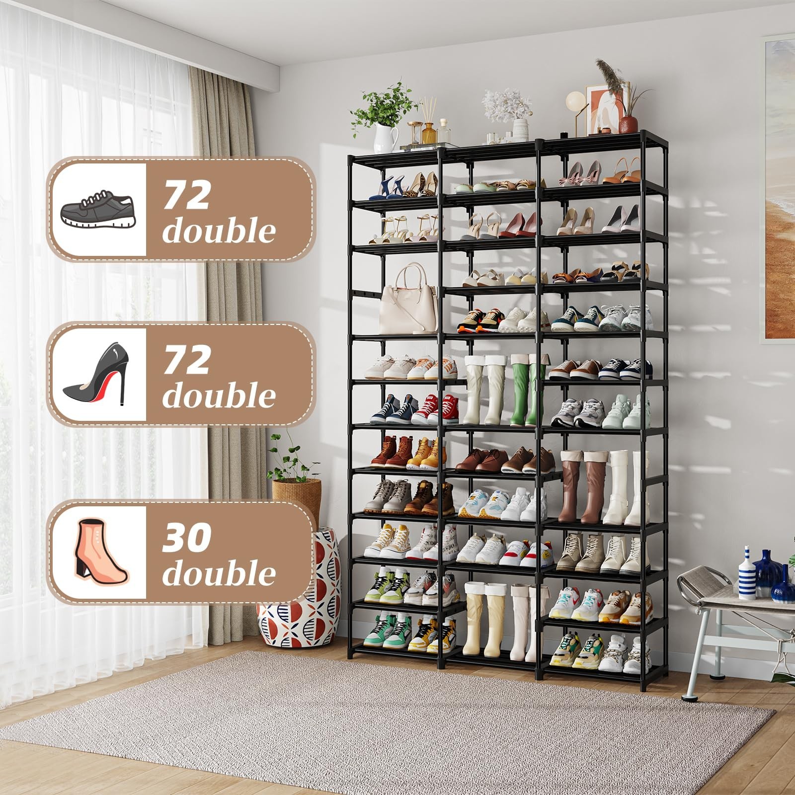 Ekisemio Shoe Rack Large Capacity 72 Pairs Tall Shoe Shelf, 3 Row 12 Tiers St…