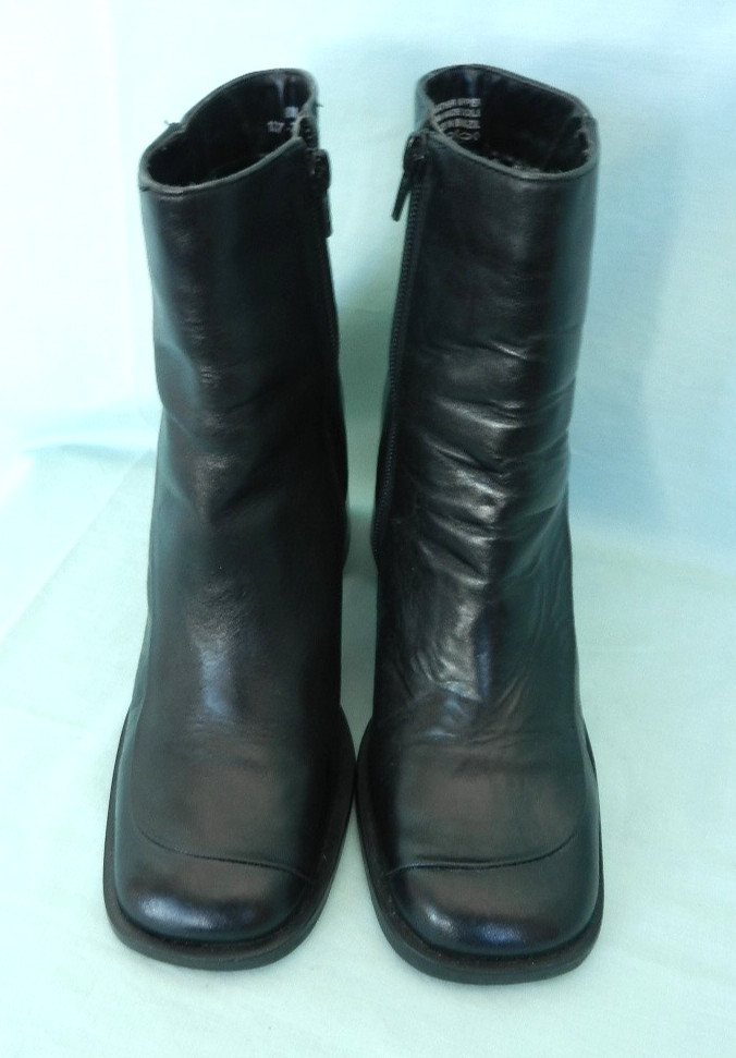 CANDIE’S Y2K Black Leather 3.5″ High Chunky Heels Square Toes Ankle Booties, 8M