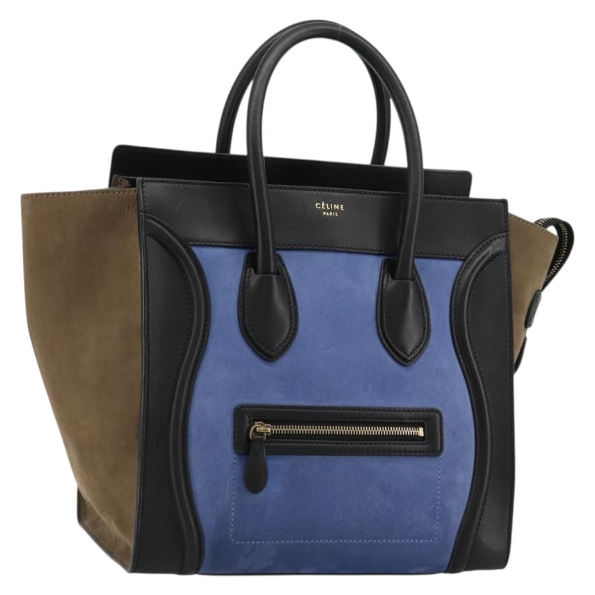 CELINE Luggage Mini Shopper Hand Bag Suede Light Blue Gold Auth ep14637A