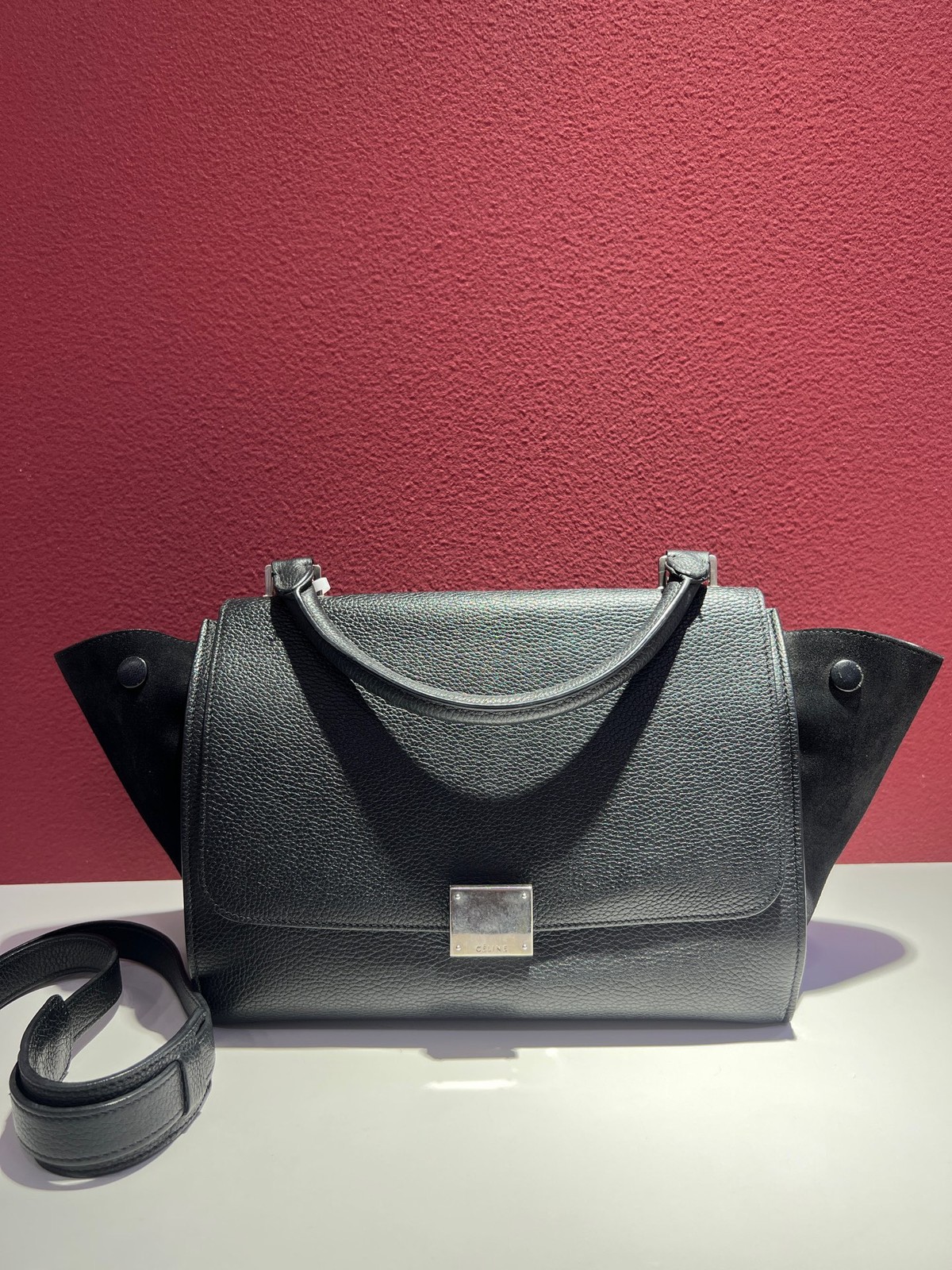 AUTH CELINE Trapeze Medium Black Grained Calfskin Suede Top Handle Crossbody Bag