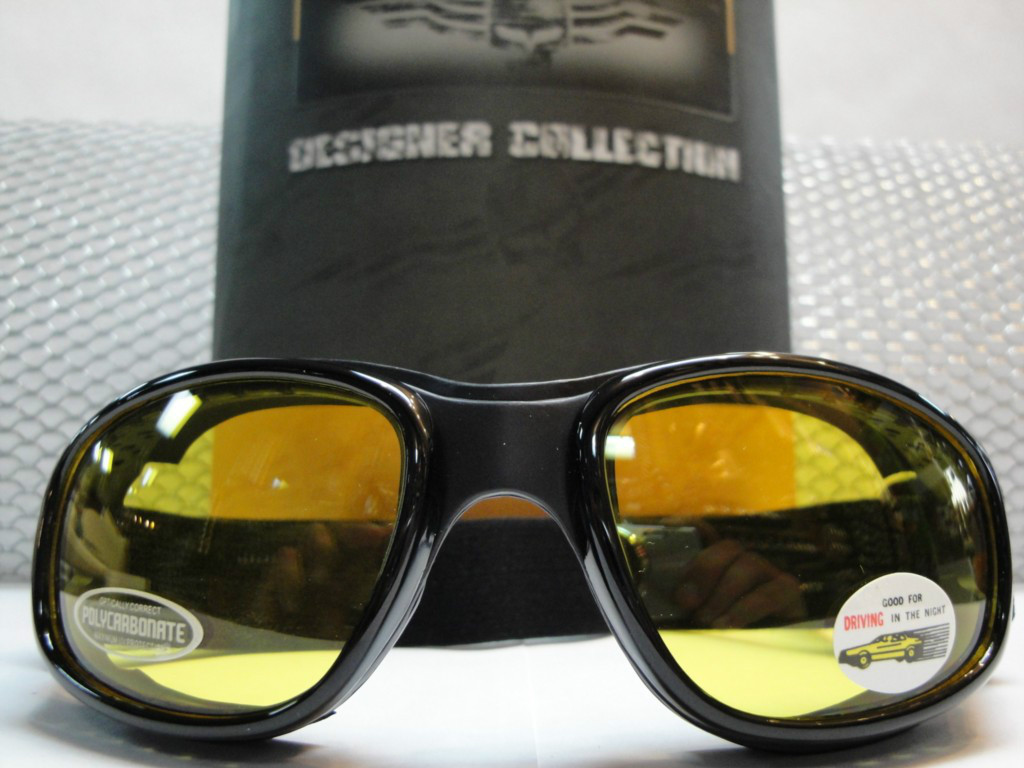PADDED MOTORCYCLE Day or Night RIDING GOGGLES With Strap Black Frame Yellow Lens