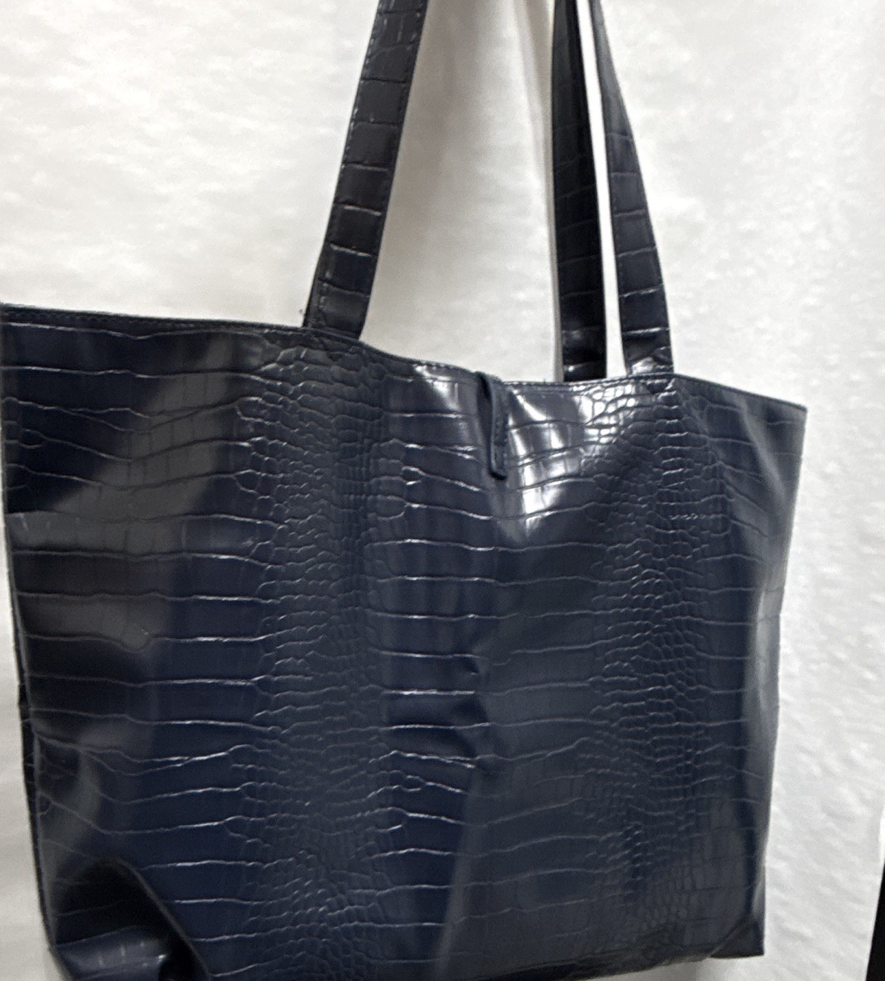 Women’s Navy Crocodile Embossed Tote Bag Double Handles Open Top Lined