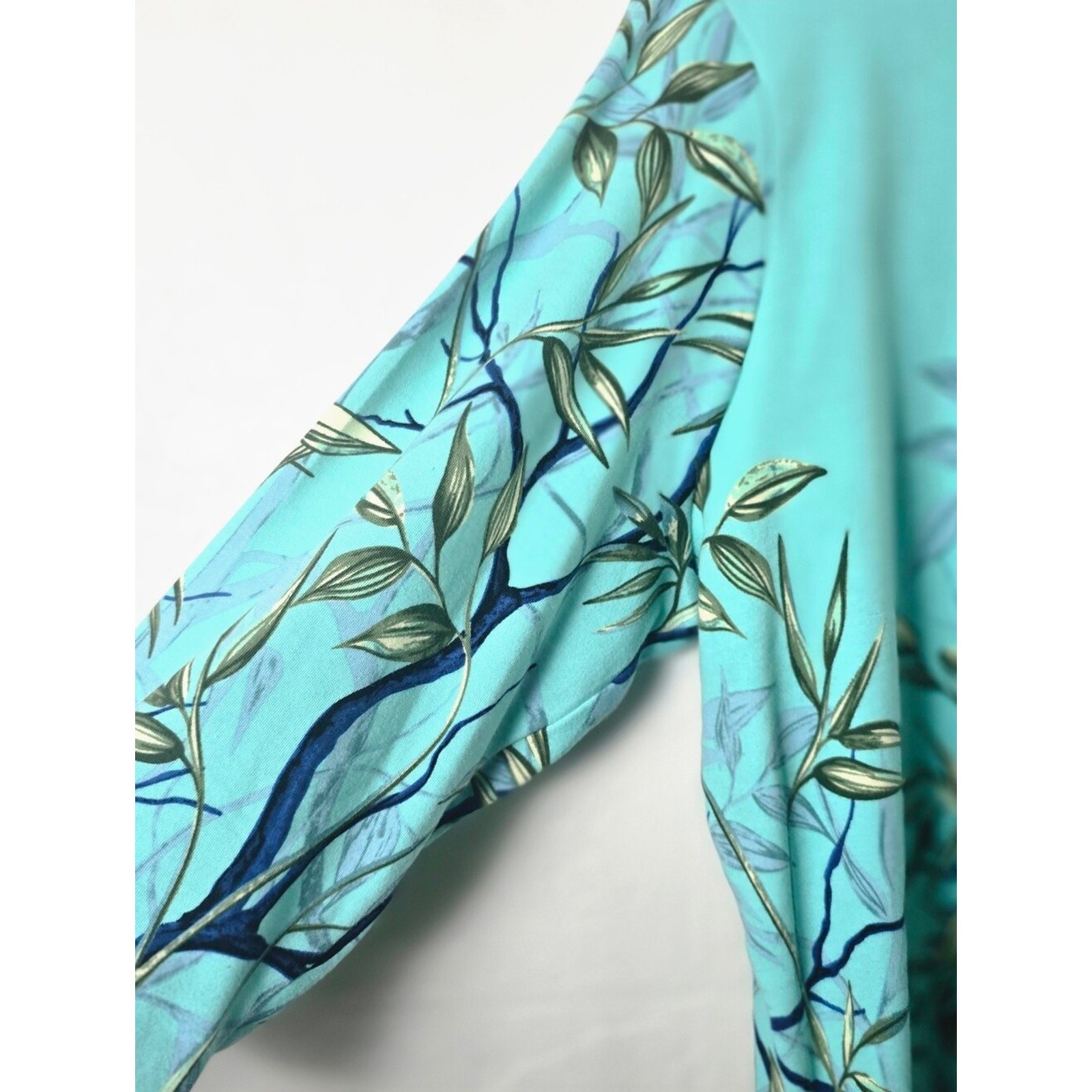 Quacker Factory Jean Bice Bird Print Cotton Tunic XL Aqua Botanical Nature Art