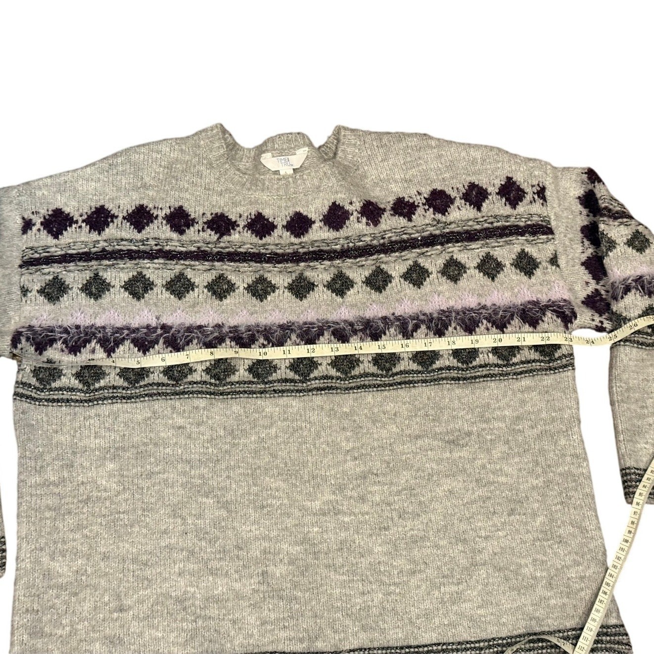 Womens Sweater Size Large Time & Tru Gray Fair Isle Sweater Crewneck Soft Knit