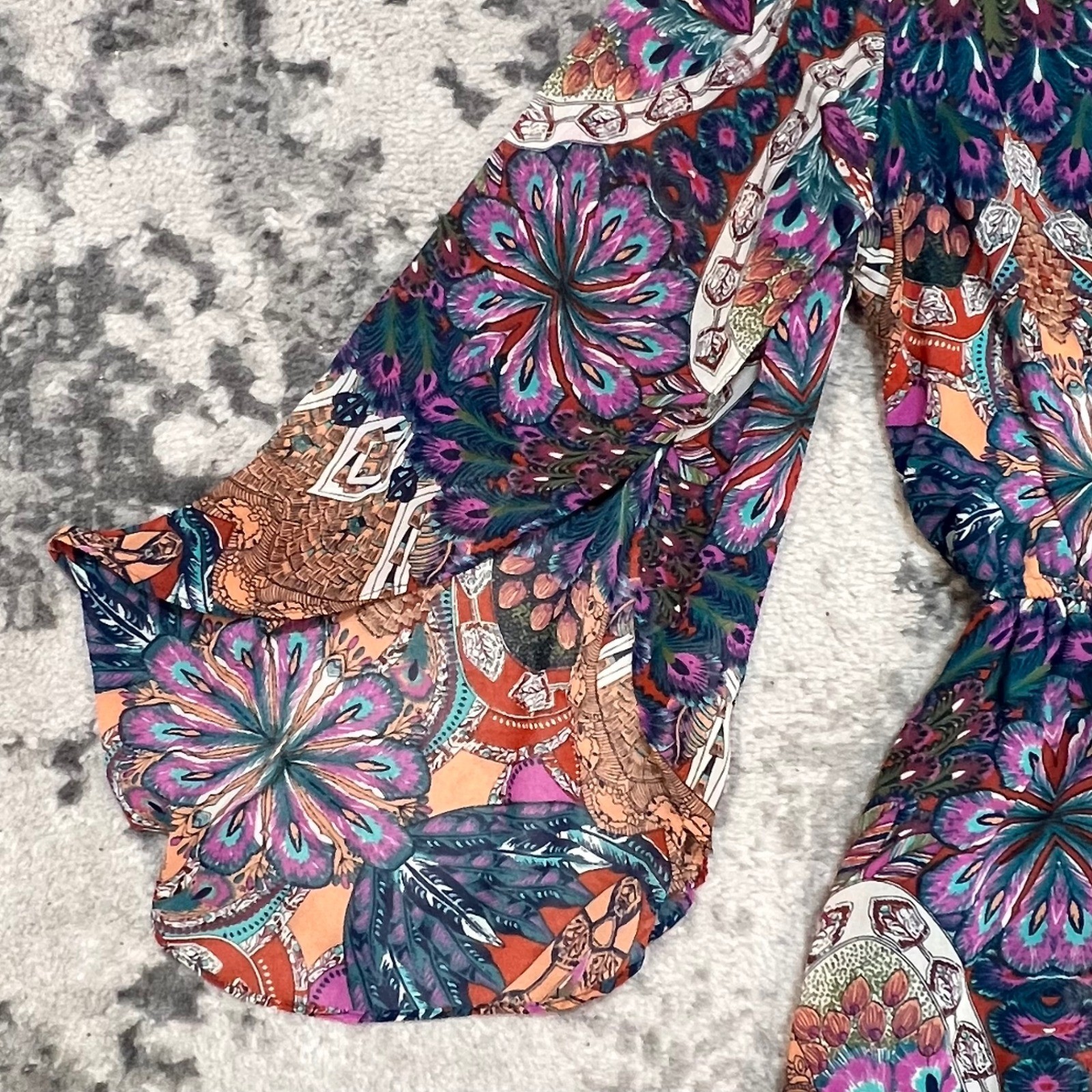 Filly Flair Small Peacock Print Bell Sleeve Mini Dress Boho Teal Elastic Waist