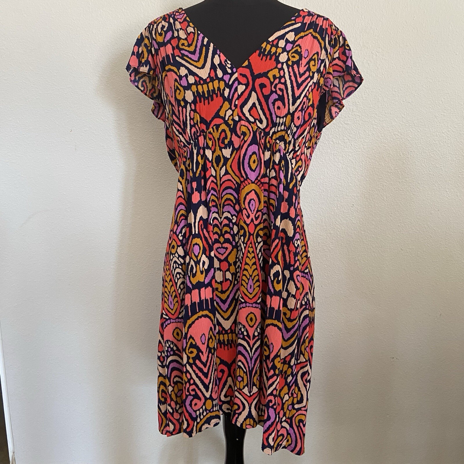 Boden Women’s Grace Flutter Sleeve Pocketed Dress Navy Ikat Charm Size 8R