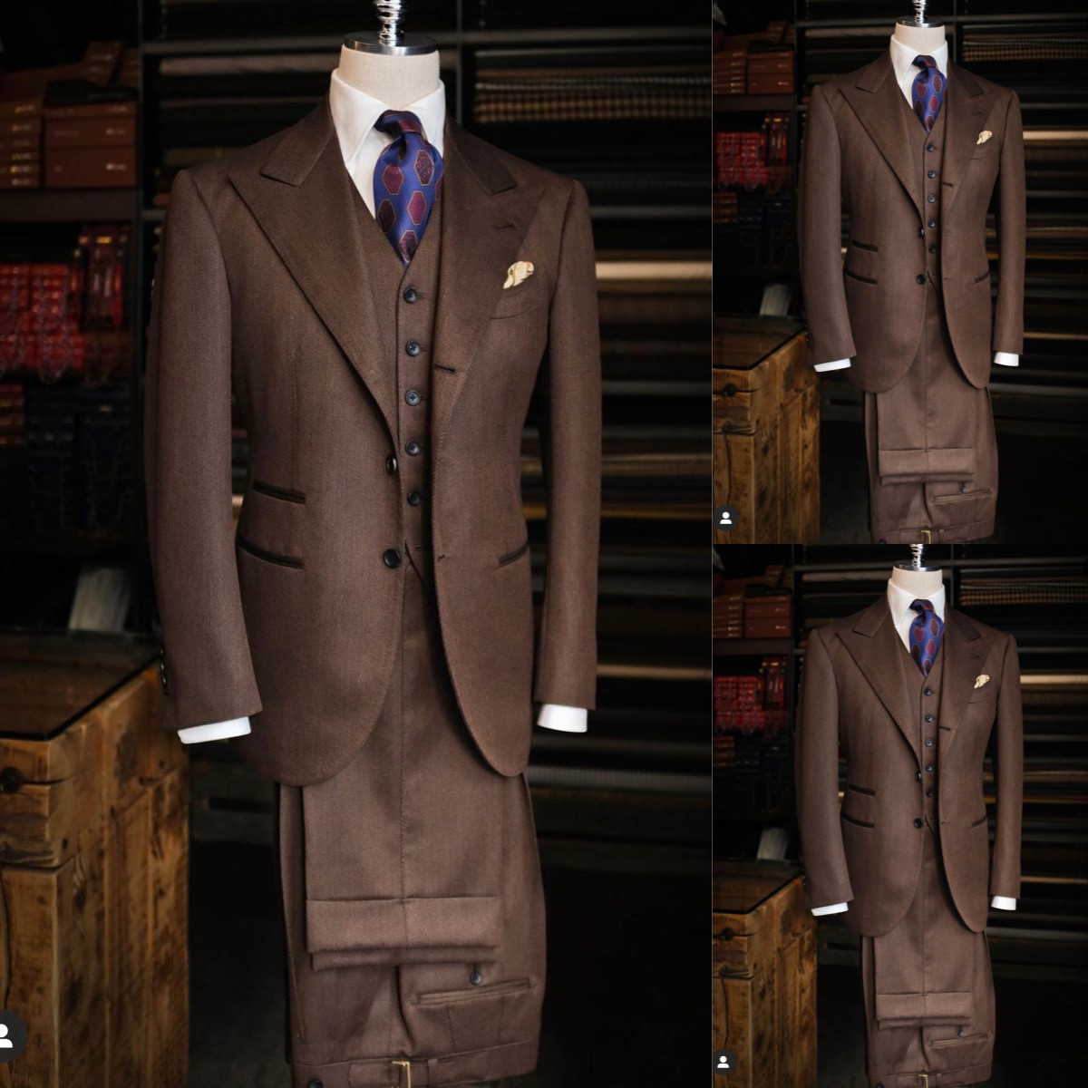 Wide Peak Lapel Men’s Suits Brown 3Pcs Business Workwear Jacket Regular Fit
