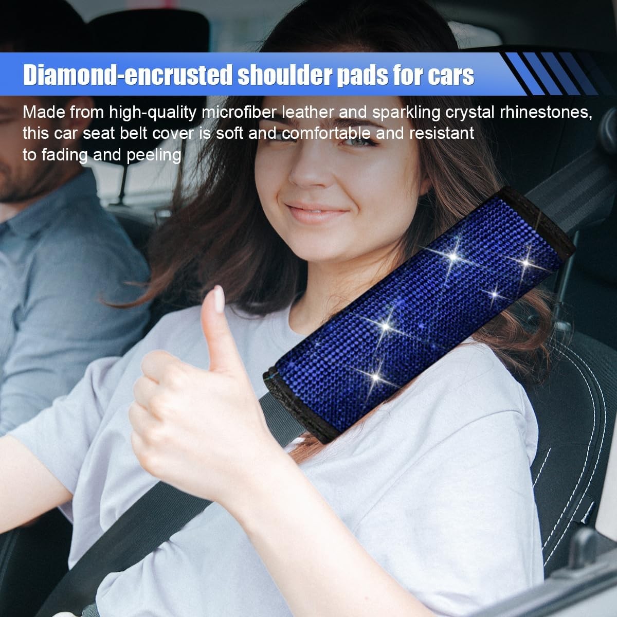 2PCS Rhinestone Crystal Car Seat Belt Covers, Glitter Seat Strap S Color: Blue