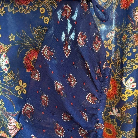 Fig and Flower Navy Blue Floral Lace Up Open Back Sheer Chiffon Boho Blouse M