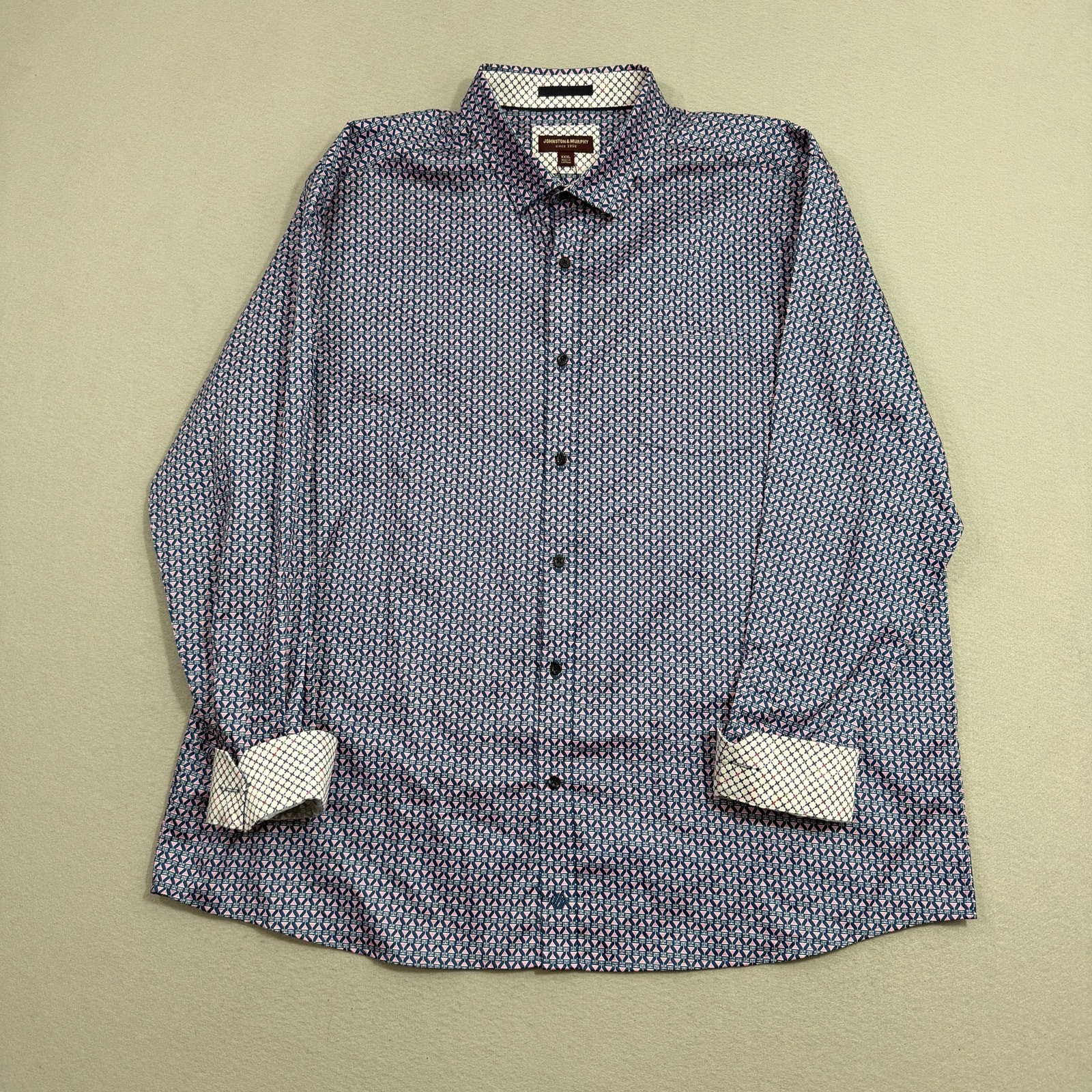 Johnston & Murphy Martini Print Button Up Shirt Mens 3XL Blue Pink Flip Cuff NEW