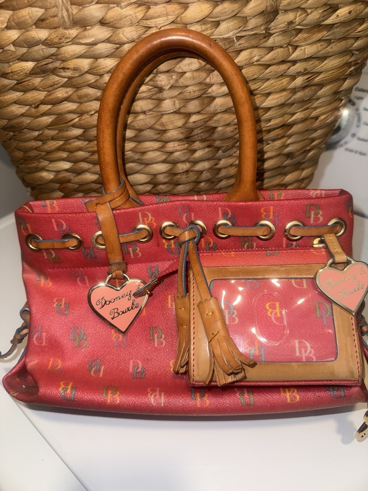 Dooney & Bourke Pink Multicolor DB Signature Tote Bag + Matching Zip Wallet Set