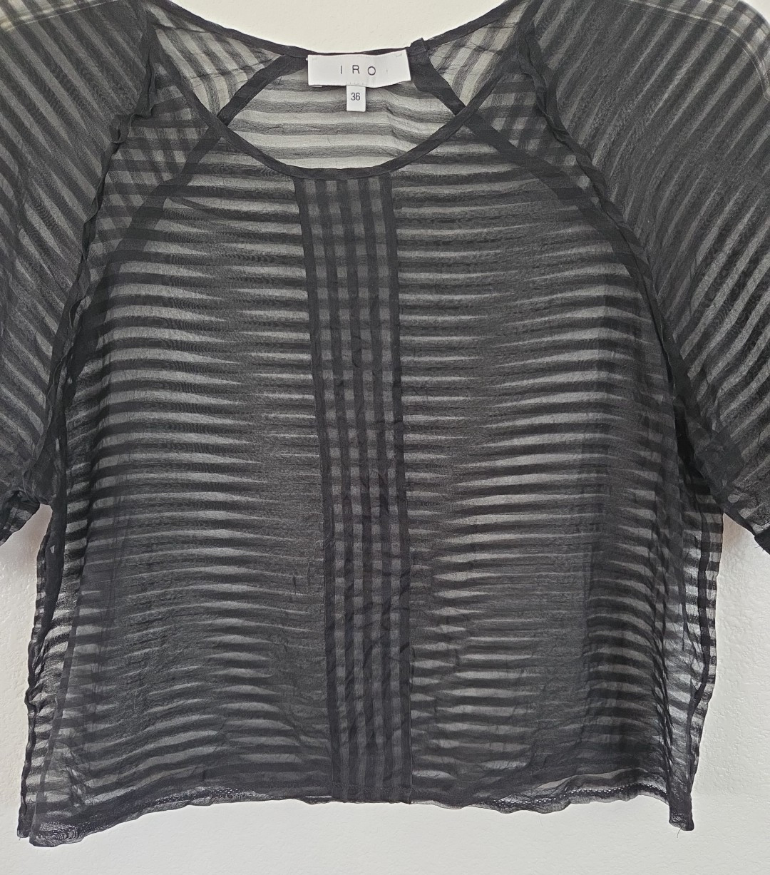 IRO Paris Sheer Black Silk Blend Boxy Top Women’s Striped Textured EU 36 US 4