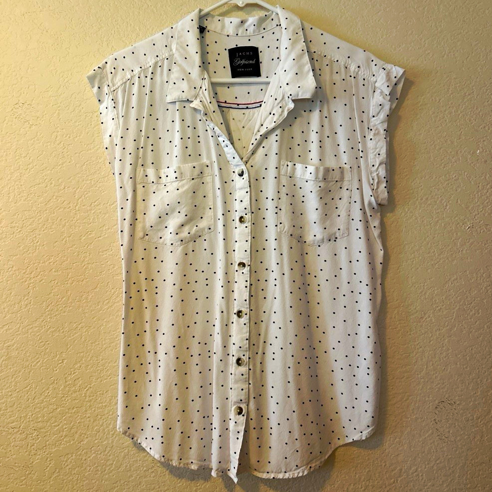 JACHS Girlfriend White/Black Polka Dot Button-Up Blouse M