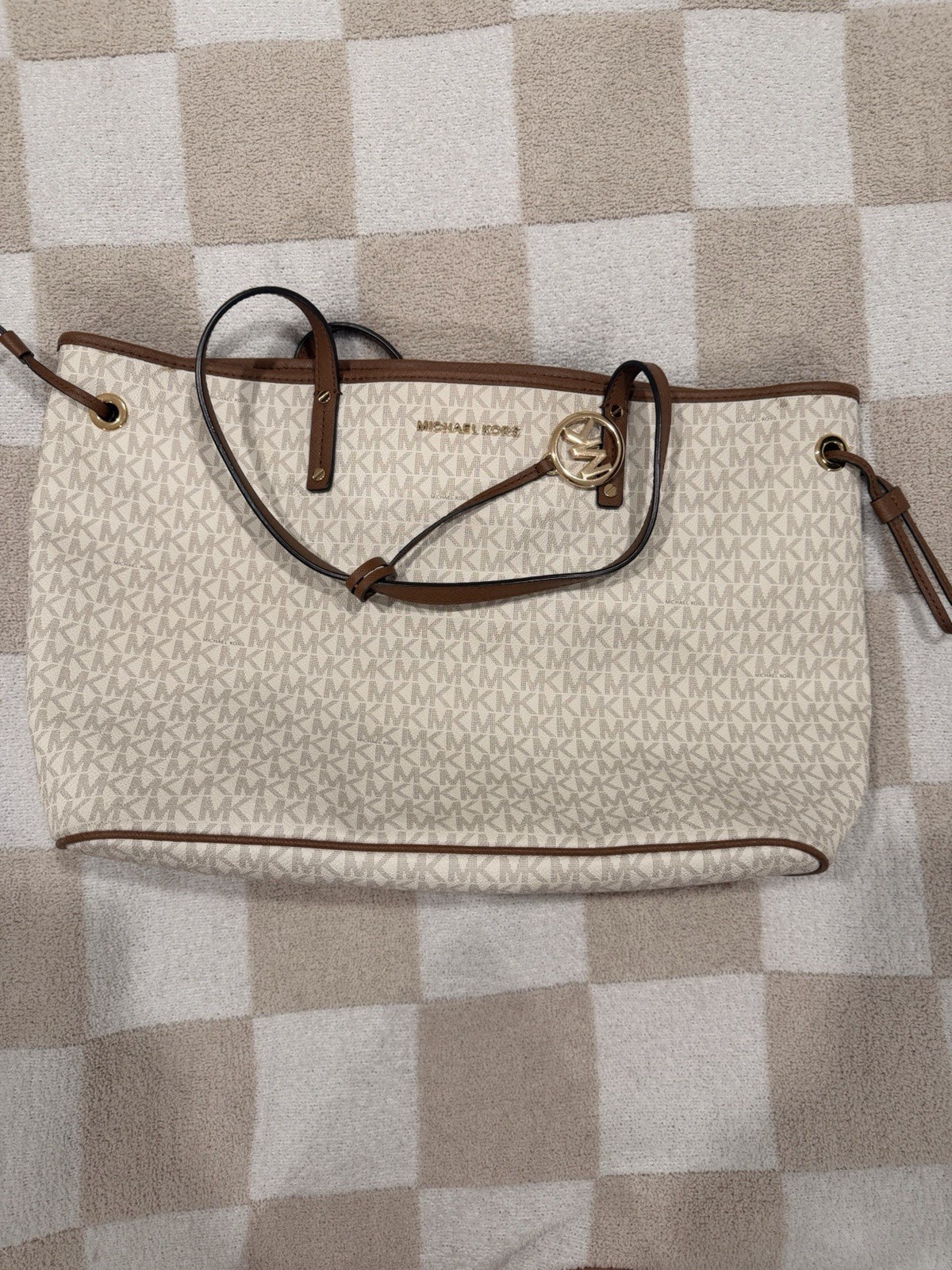 Michael Kors Jet Set Logo Large Tote Shoulder Bag Beige/Brown Gold Hardware