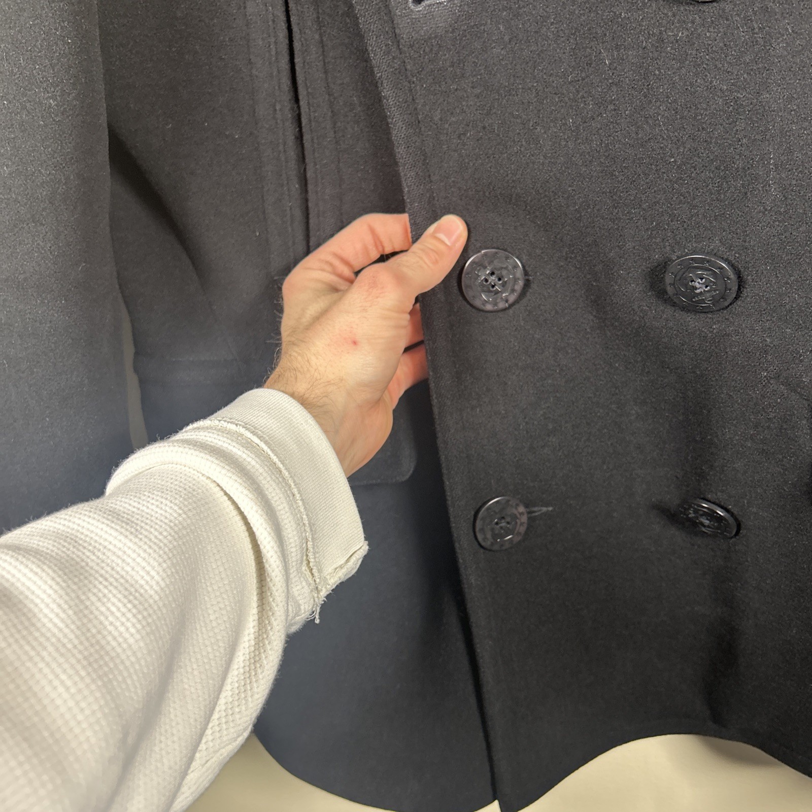 Polo Ralph Lauren Pea Coat Large Black Wool Double Breasted Anchor Naval RRL