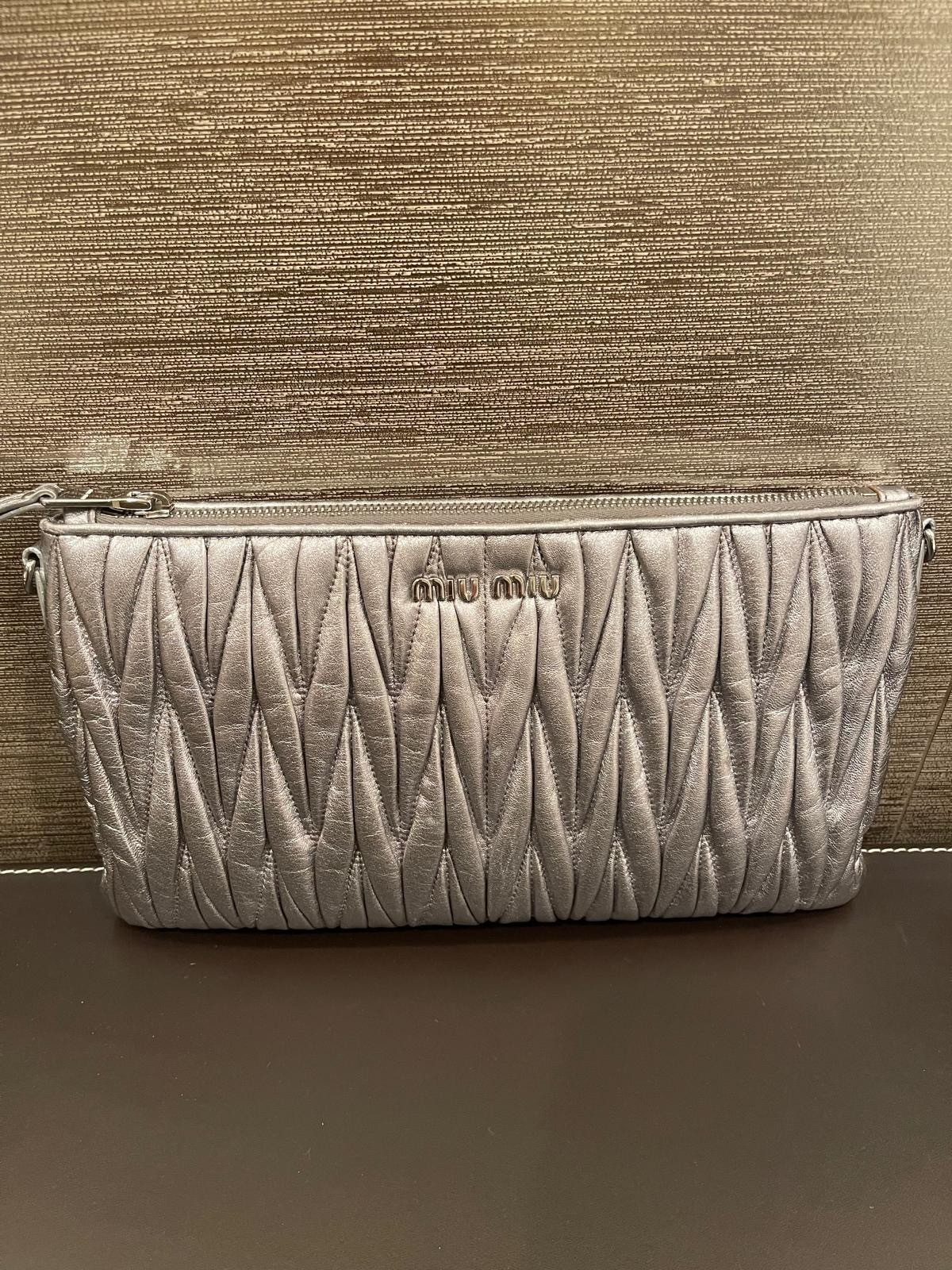 Silver Miu Miu Matelasse Metallic Leather Clutch or Crossbody Bag