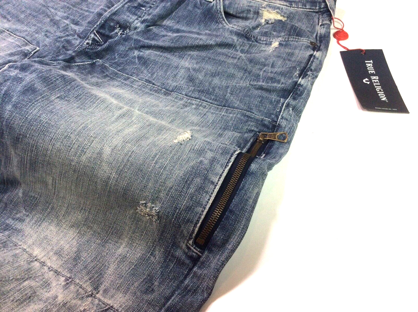 True Religion Zip Pockets Distressed Ripped Shredded Stitch Work Taper Jeans Men