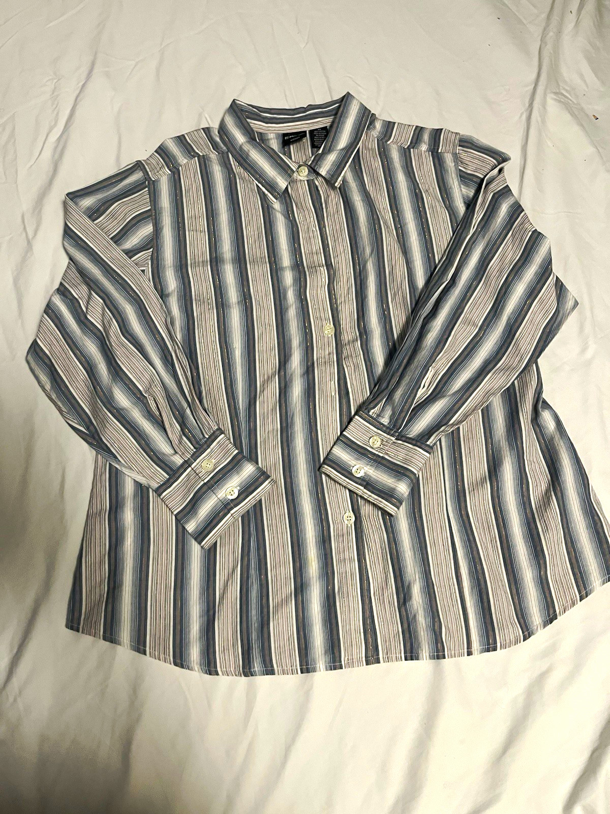 ERIKA Women’s Blue/White/Pink Striped Woven Cotton Collared Button-Up LS 2X