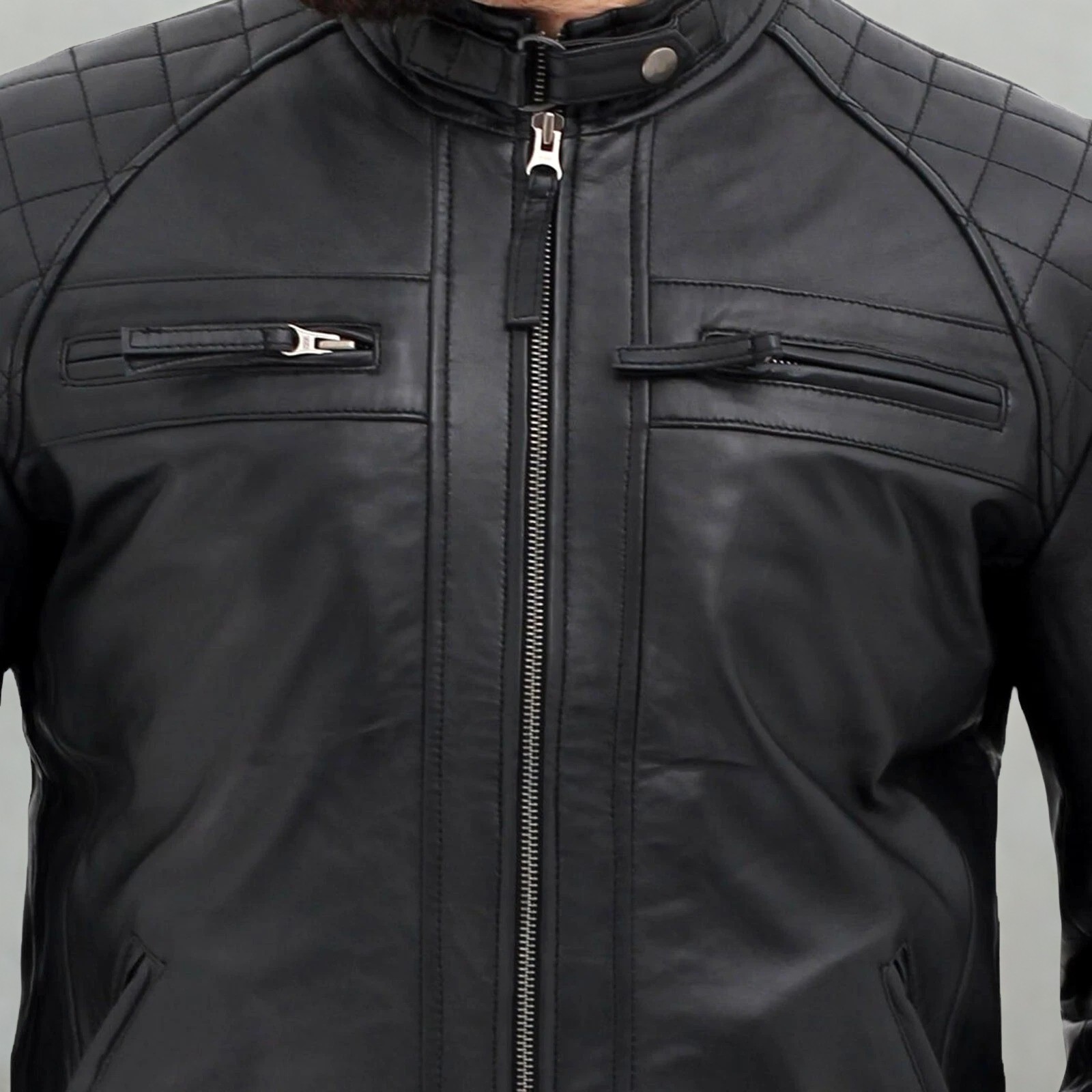 Men’s Genuine Sheepskin Leather Cafe Racer Motorcycle Biker Jacket Vintage Style