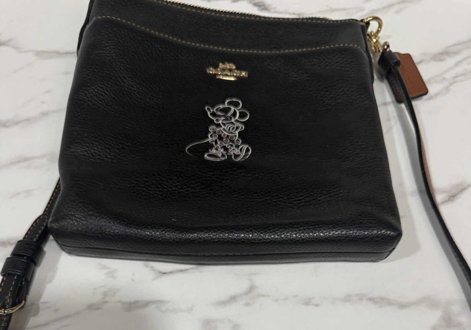 Coach Black Minnie Mouse Pebbled Zip Crossbody, Detachable Strap Gold HW