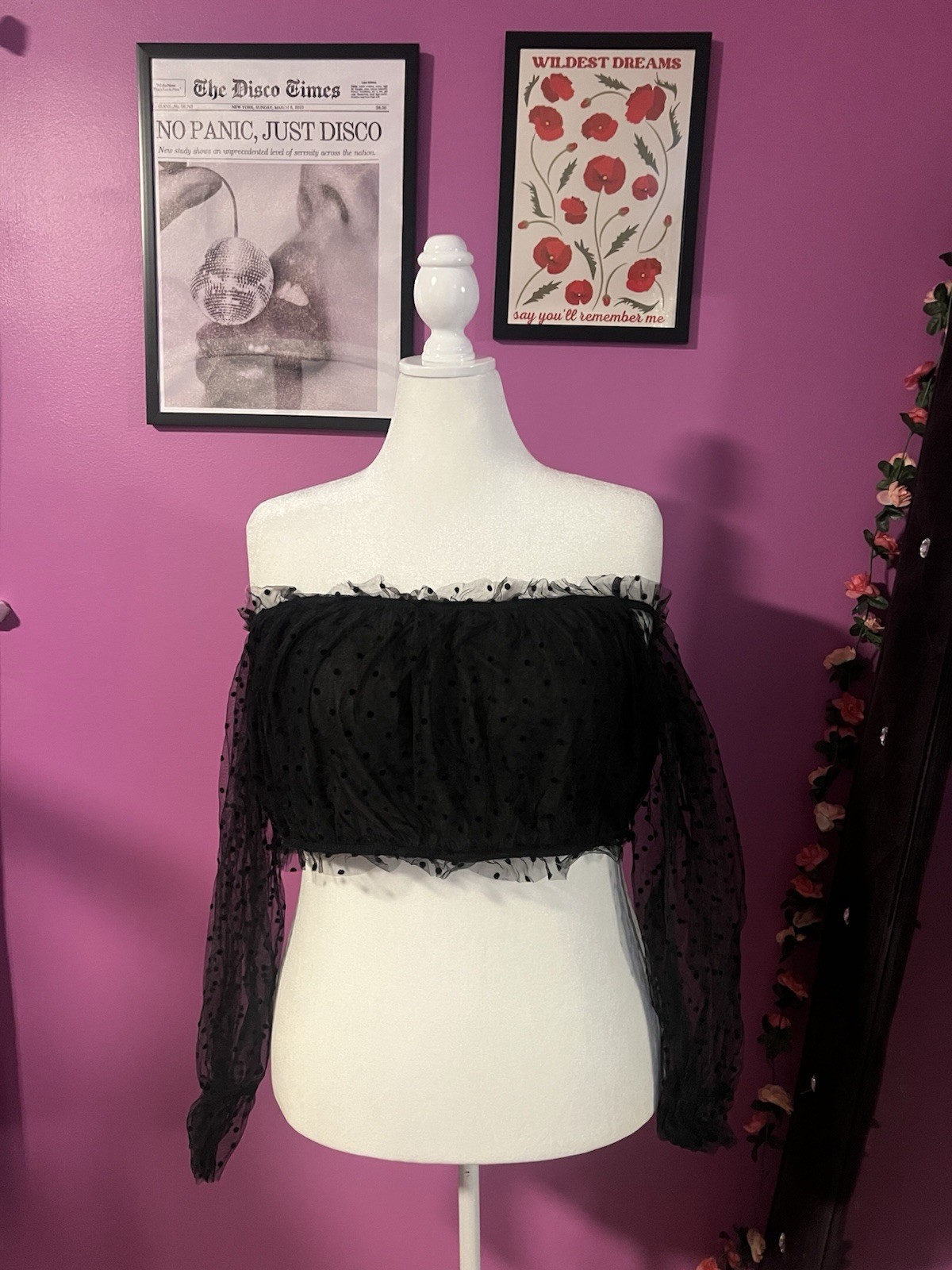 SHEIN Black Sheer Mesh Off Shoulder Polka Dot Ruffle Puff Sleeve Blouse 4XL