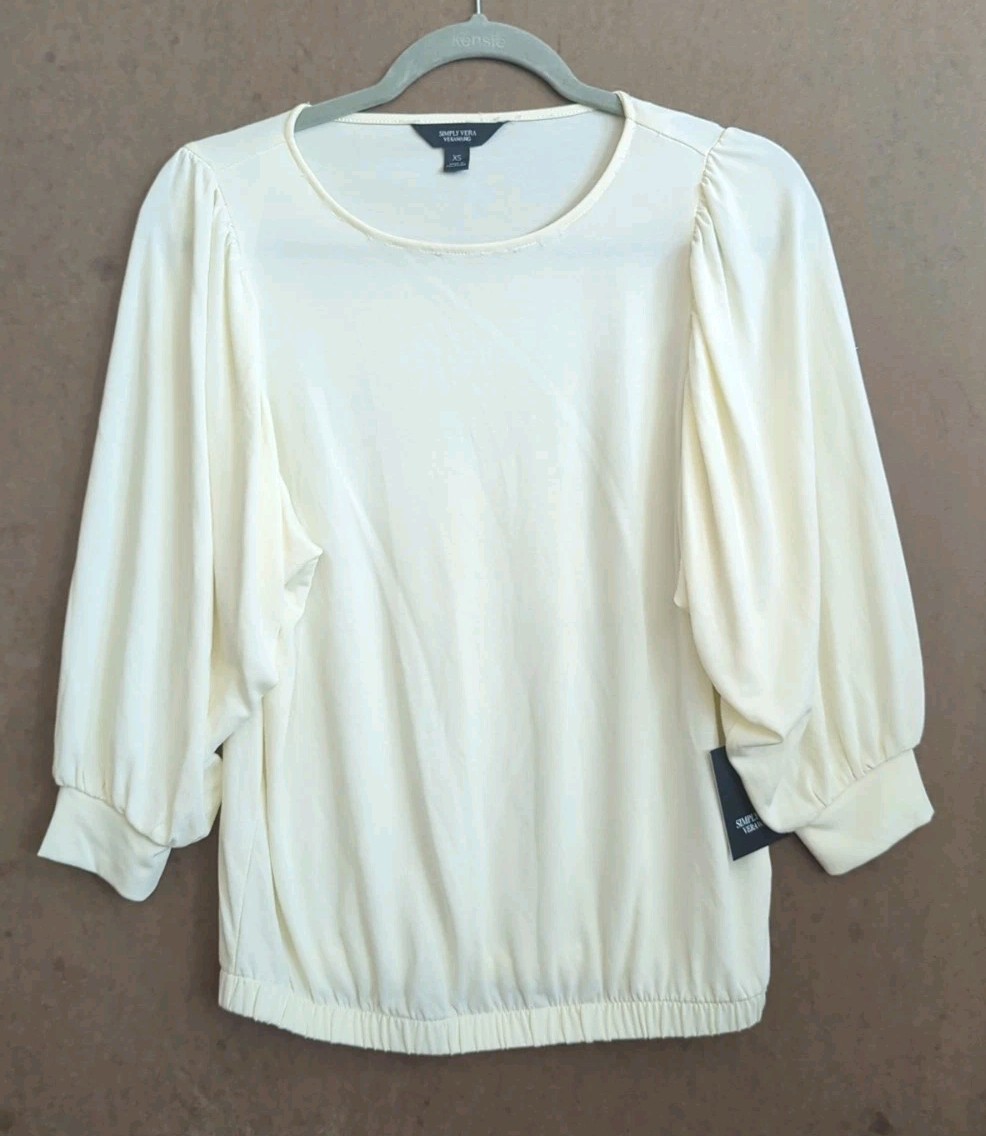 SIMPLY VERA WANG Women’s Banded Hem Draped Peasant Boho Top Ivory Size XSl NWT