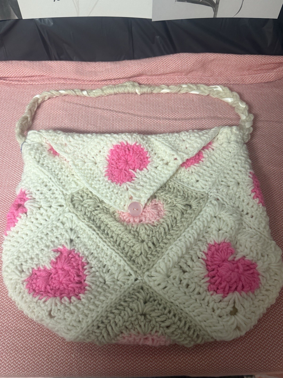 Crochet Pink and White Shoulder Bag with Inside Lining and Pockets