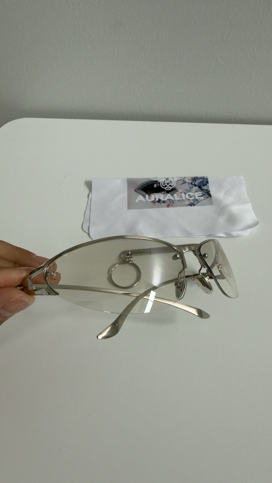 Auralice Rimless Sunglasses Silver Metal Frame Gray Tinted Plastic Lenses