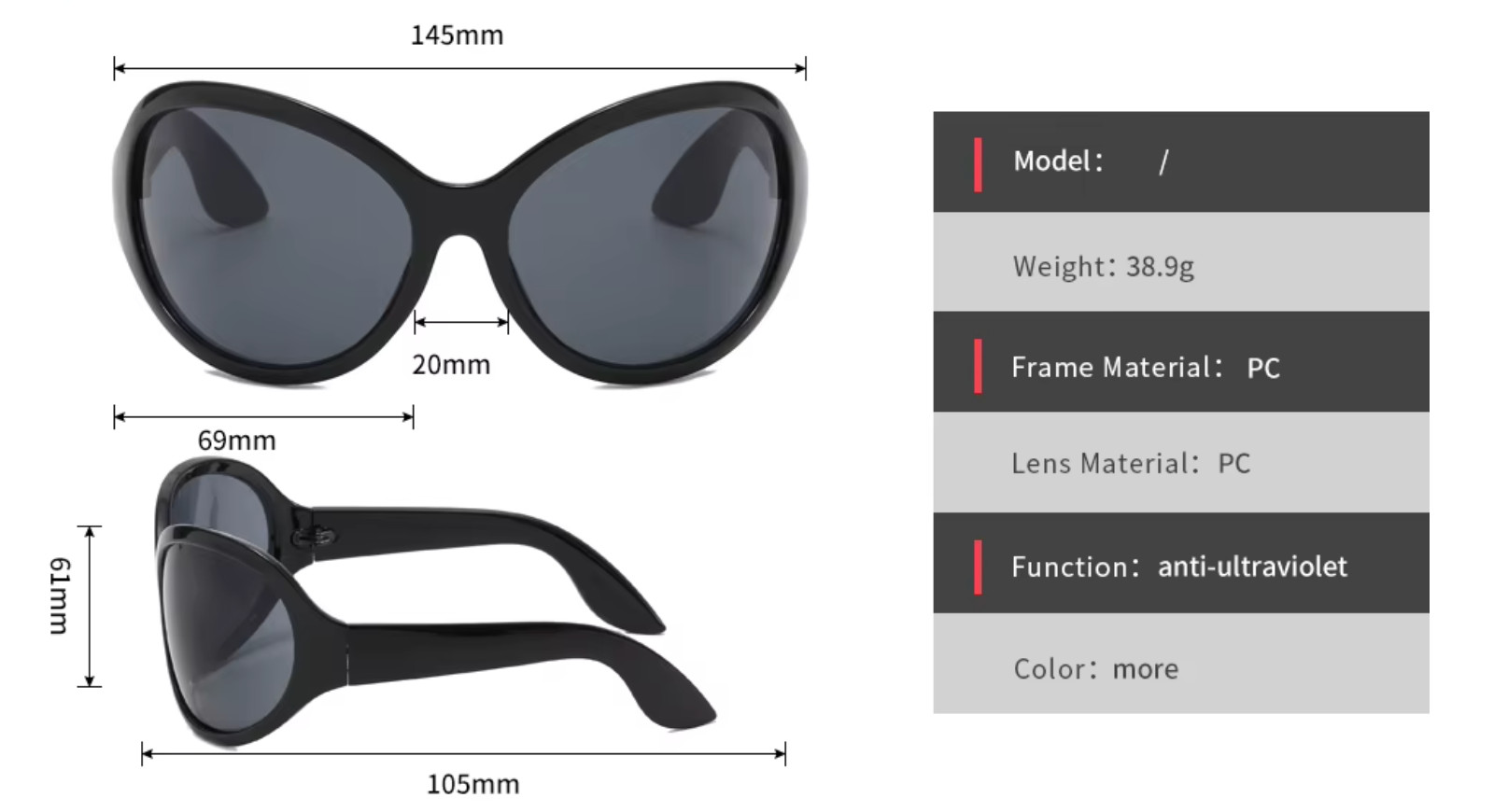 Oversized Sunglasses Blue Yellow Red Purple Lens Black Frame Wrap Around Outdoor