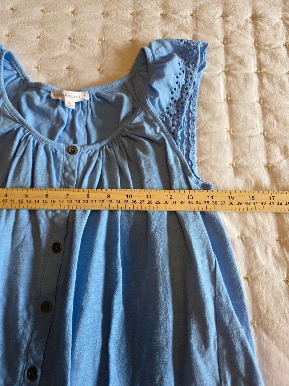 Jane & Delancey Light Blue Button Front Flutter Ruffle Sleeve Eyelet Detail Blou