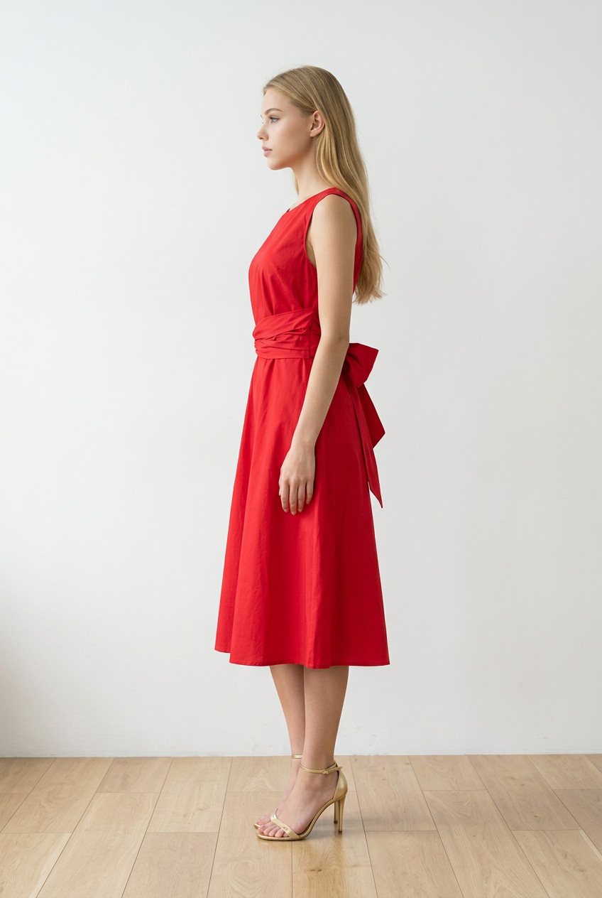 Sandro Ferrone women’s red sleevless midi dress tie waist A-line cotton summer S
