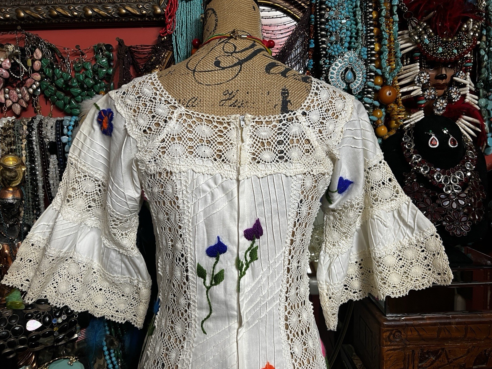 Beautiful White Pin tuck With Multi Color Embroidery & Ivory Crochet Dress S/M