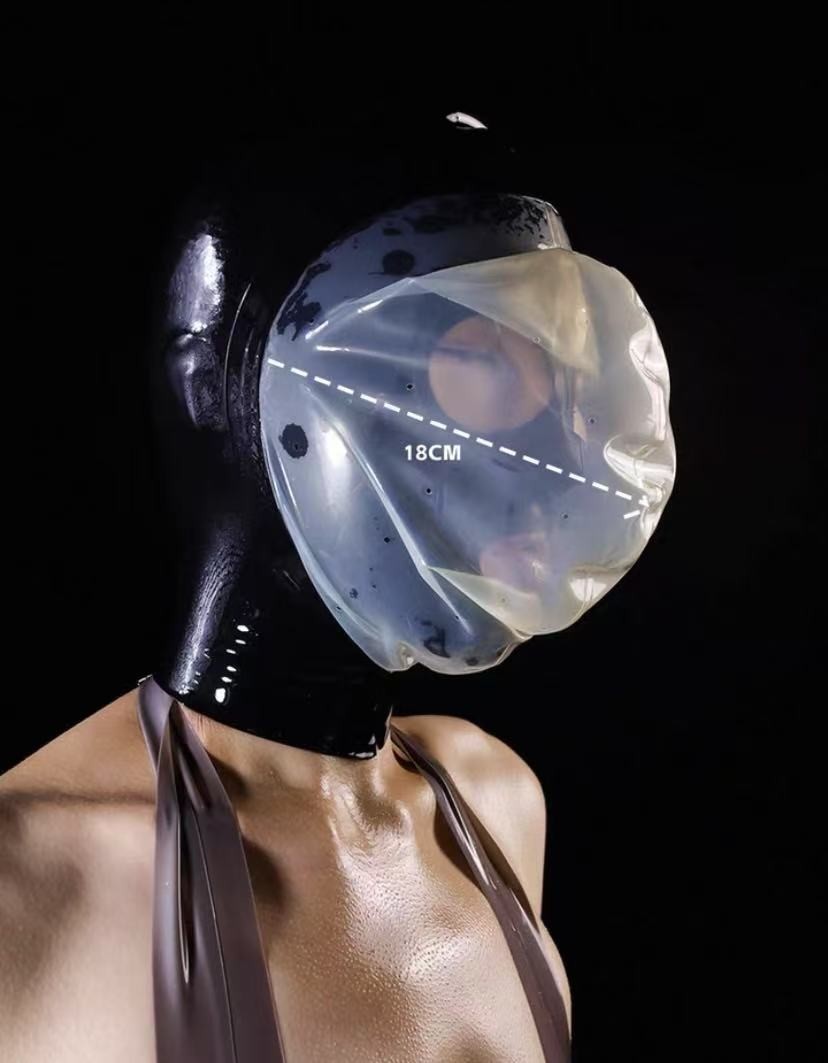 2-layer Latex hood with 0.25mm Transparent Rubber Mask breathing hole for Fetish
