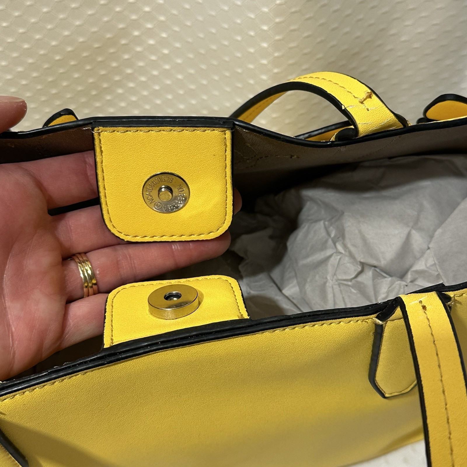 Yellow Butterfly Applique Purse, Double Handles, snap closure, Inside Pockets