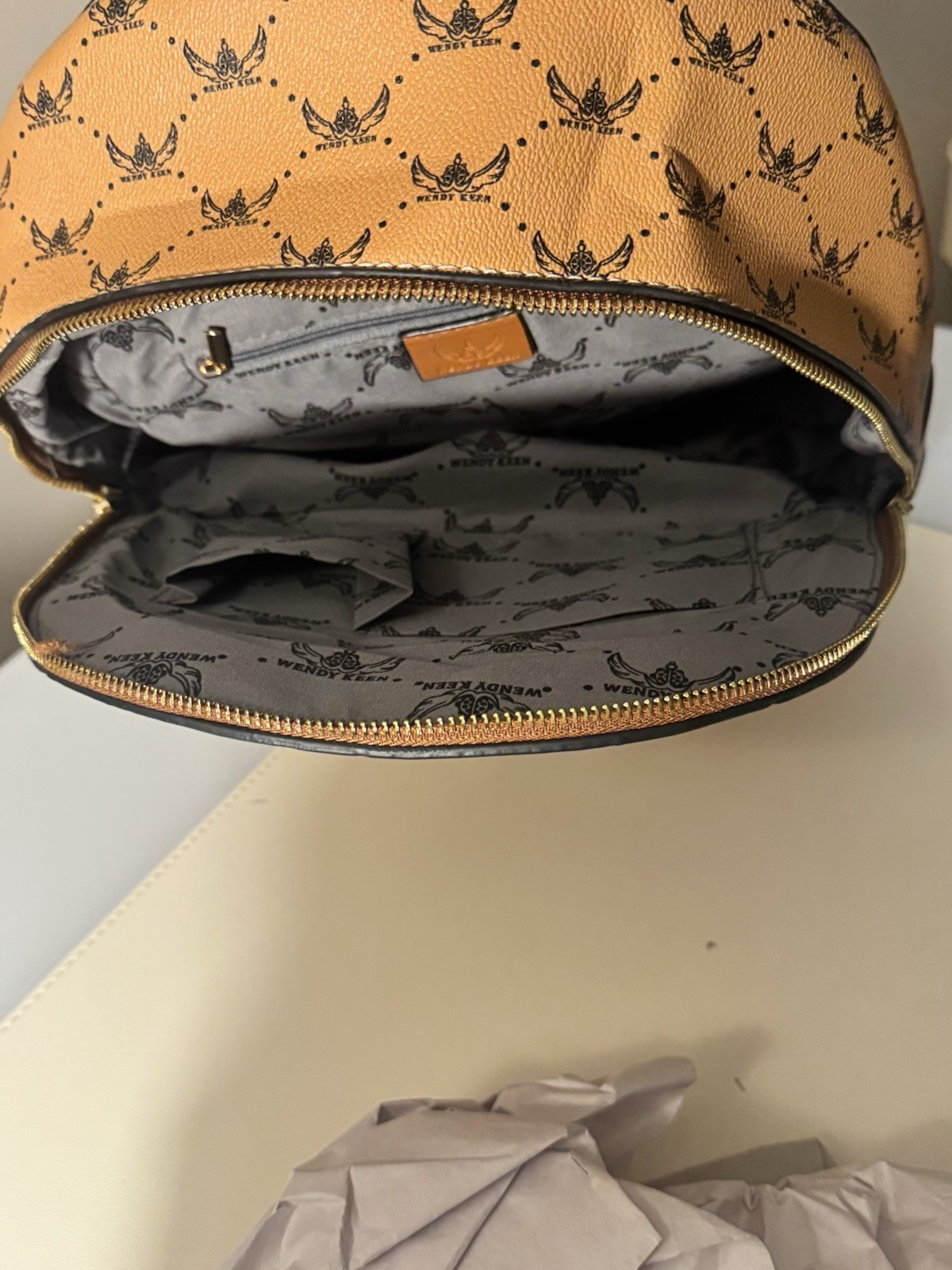 Wendy Keen Tan/Brown Logo Print Backpack w/ Zip, Pockets, Dust Bag