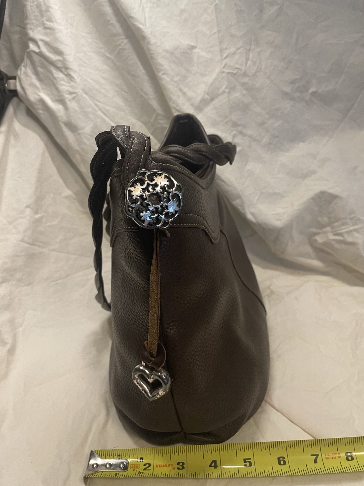 Brighton Brown Pebbled Shoulder Bag Braided Strap Floral Lining Inner Pockets