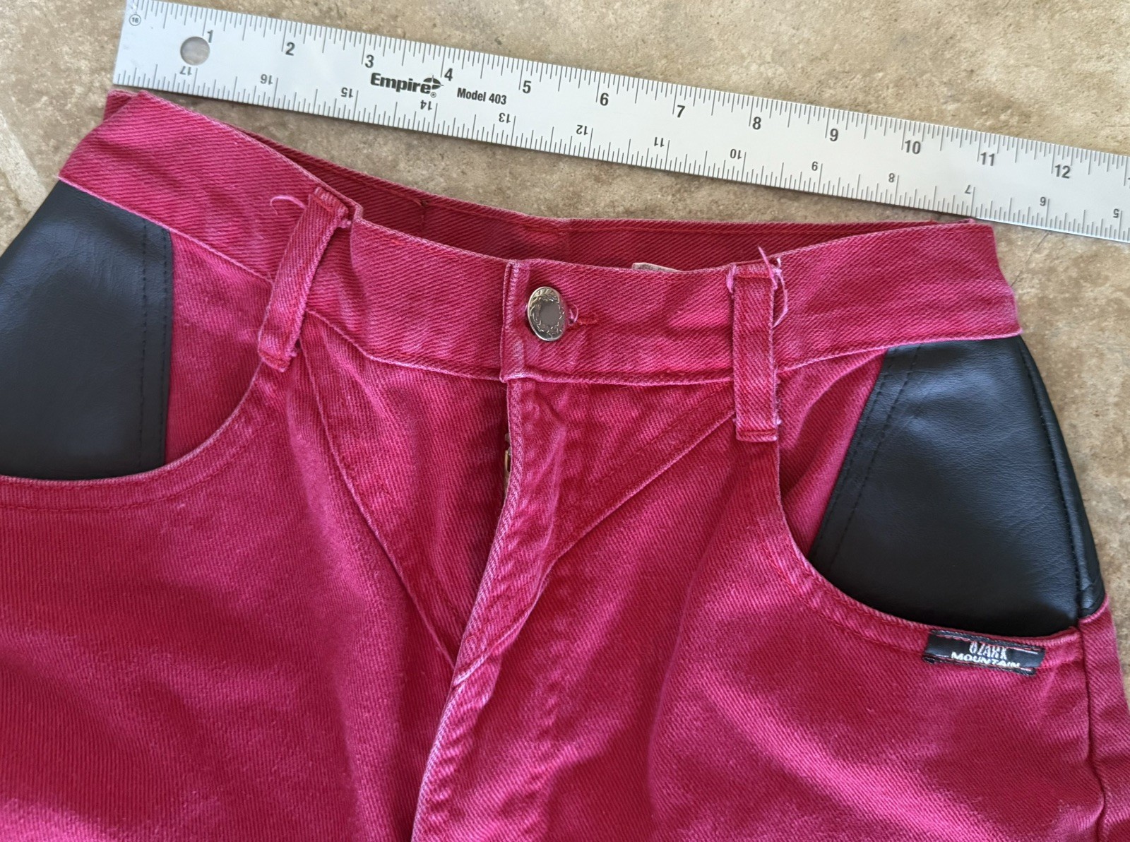 Vintage 90s Ozark Mountain red Western jeans with leather, straight‑leg size 5