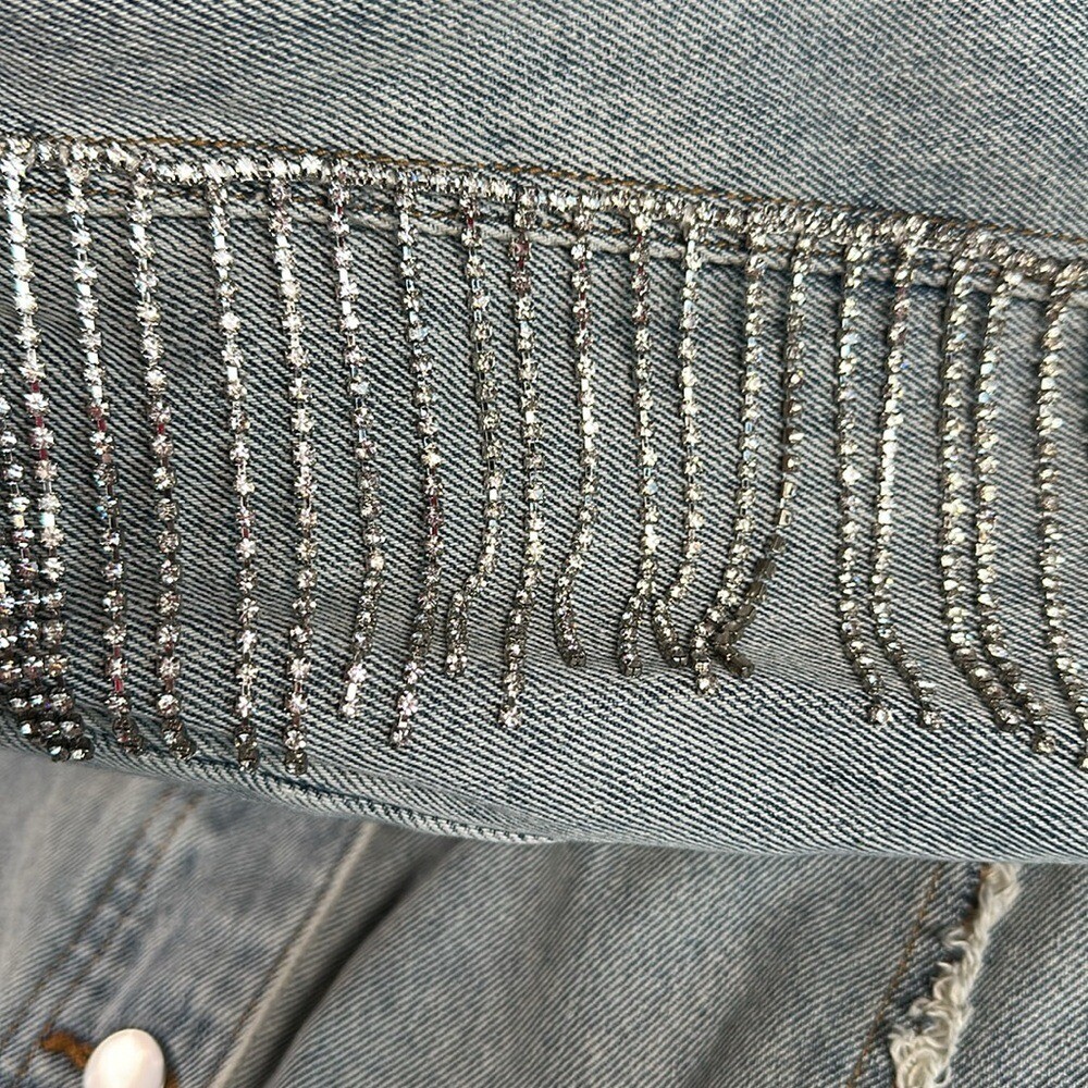 Distressed, rhinestone, fringe, jean jacket, grunge, punk band rock