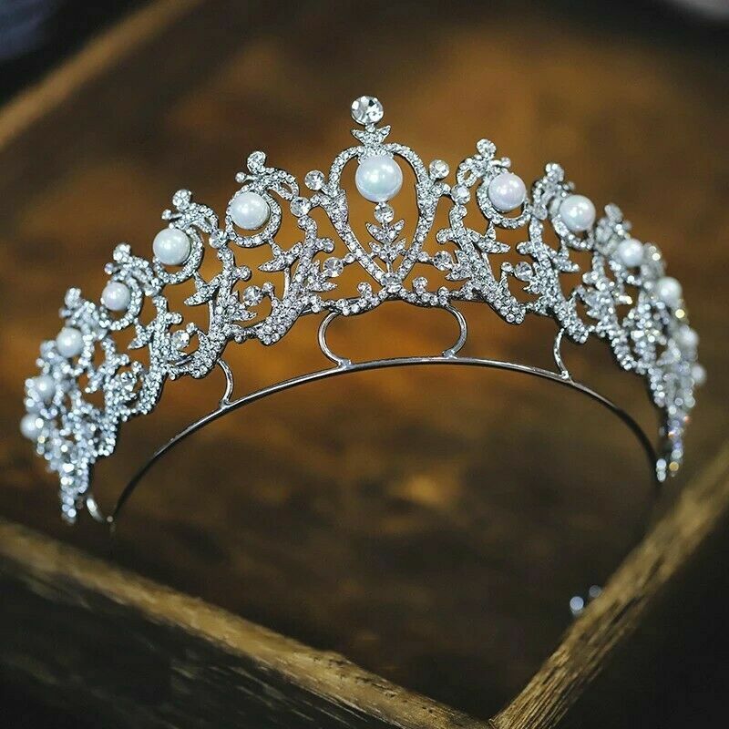 6cm Tall White Leaf Pearl Crystal Adult Tiara Crown Wedding Prom Queen Princess