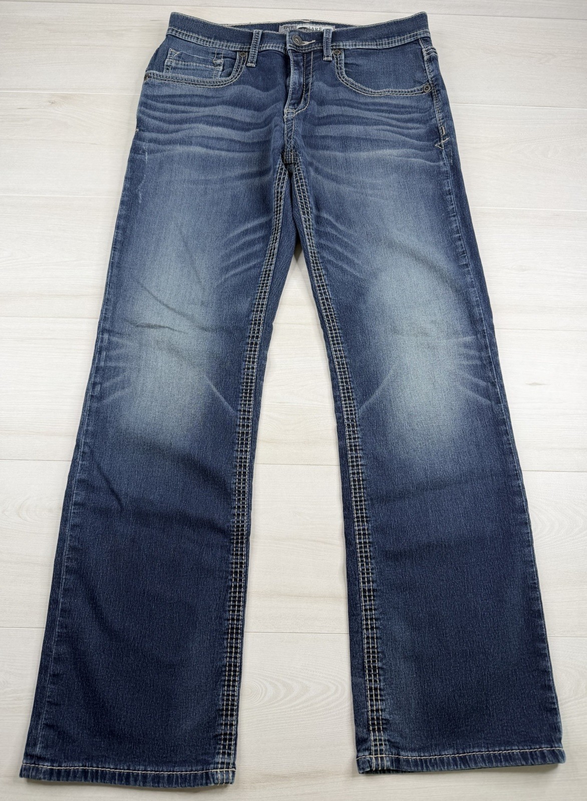 Buckle BKE Jake Jeans Boot Leg Dark Wash Stretch Denim Distressed Mens 32×32