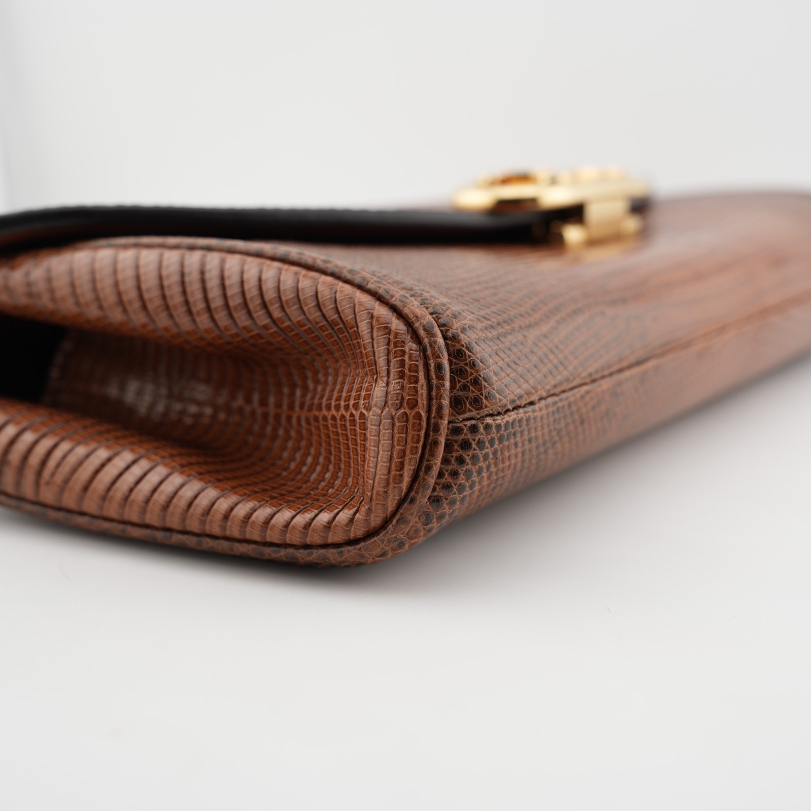 Celine Shiny Lizard Leather Maillon Triomphe Clutch Brown