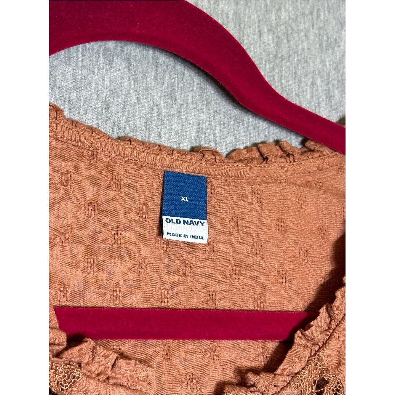 Boho-chic Old Navy terracotta brown cotton eyelet blouse featuring puff sleeves