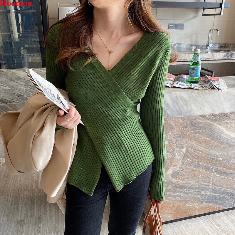 New Korean Womens Cross V-neck Asymmetric Slit Fall Winter Tops Tee Blouse