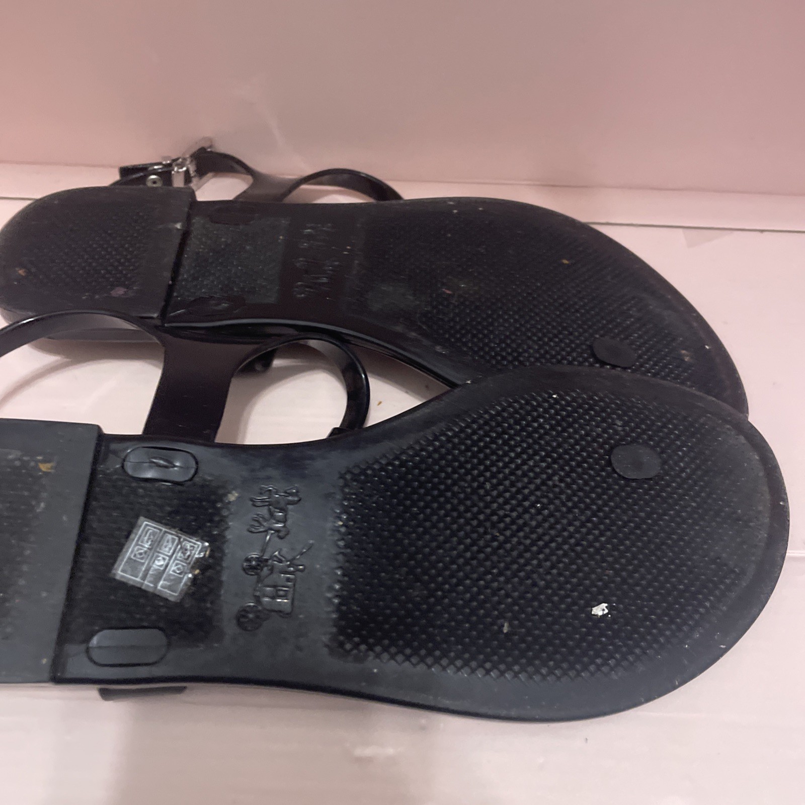 Coach Piccadilly Thong Jelly Sandals Black Logo Strappy Ankle Strap Buckle 8 B