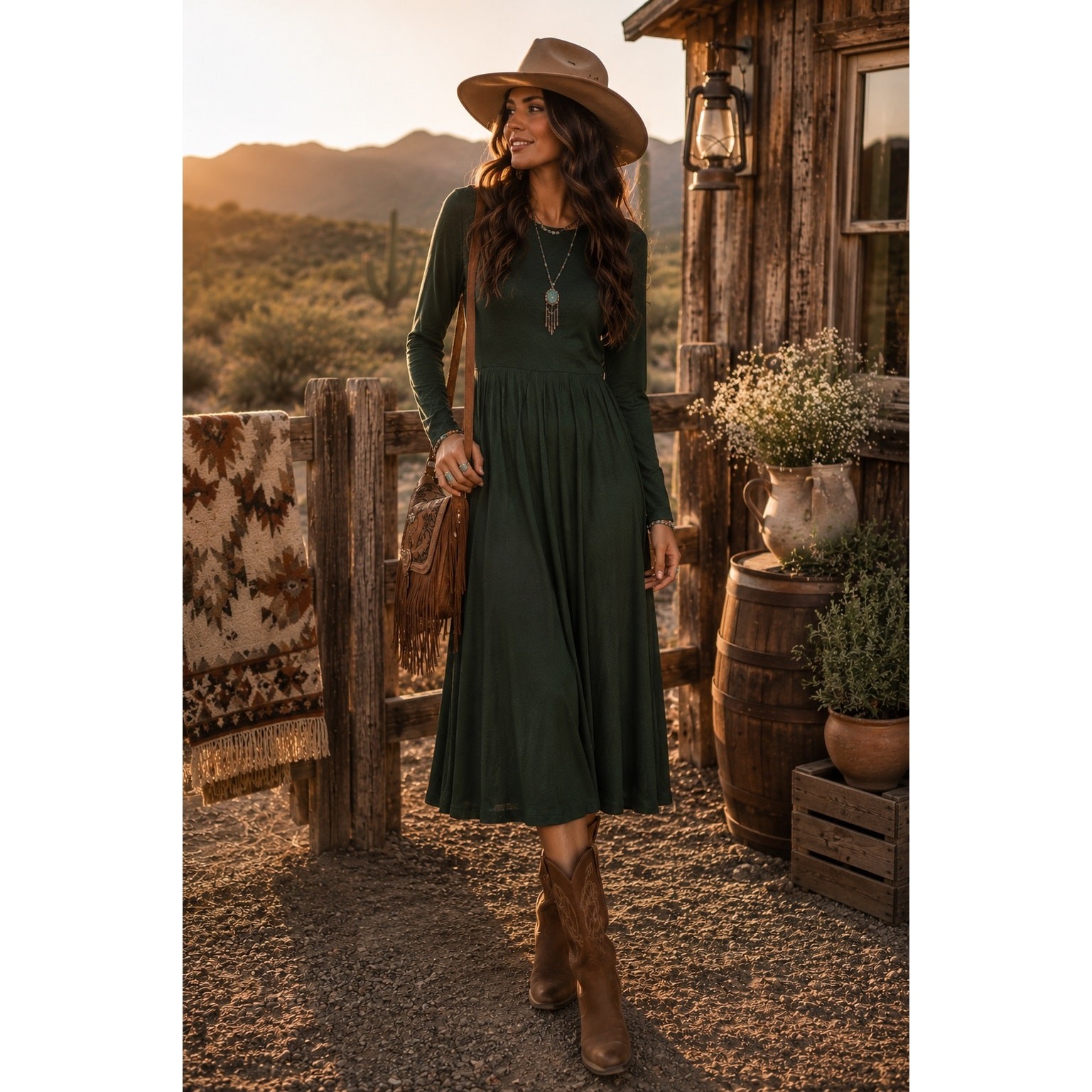 Peruvian Connection Green Long Sleeve Midi Dress Size Small