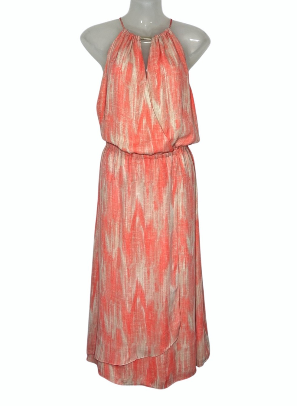 NWT Michael Kors Halter Dress Coral Beige Abstract Sleeveless Midi Faux Wrap 8